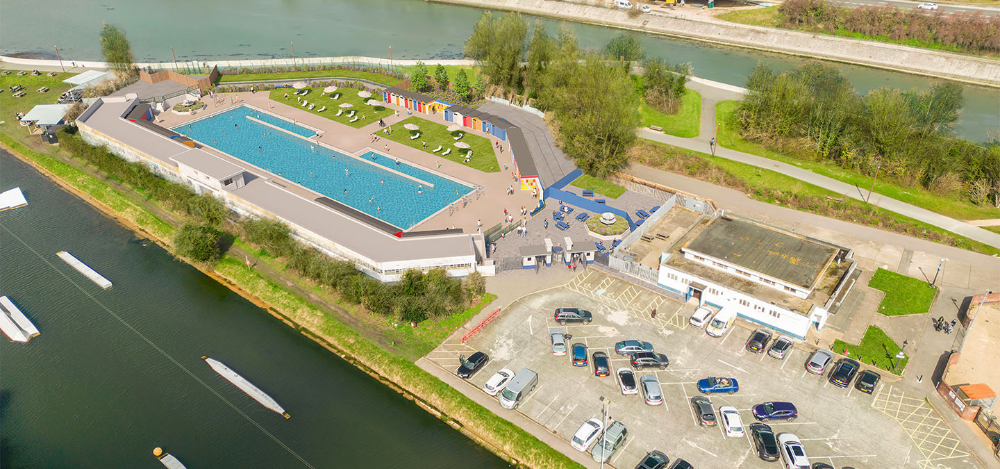 A birds eye visual concept of Hilsea Lido, showing the pool, beach hut changing rooms, sun loungers and a car park